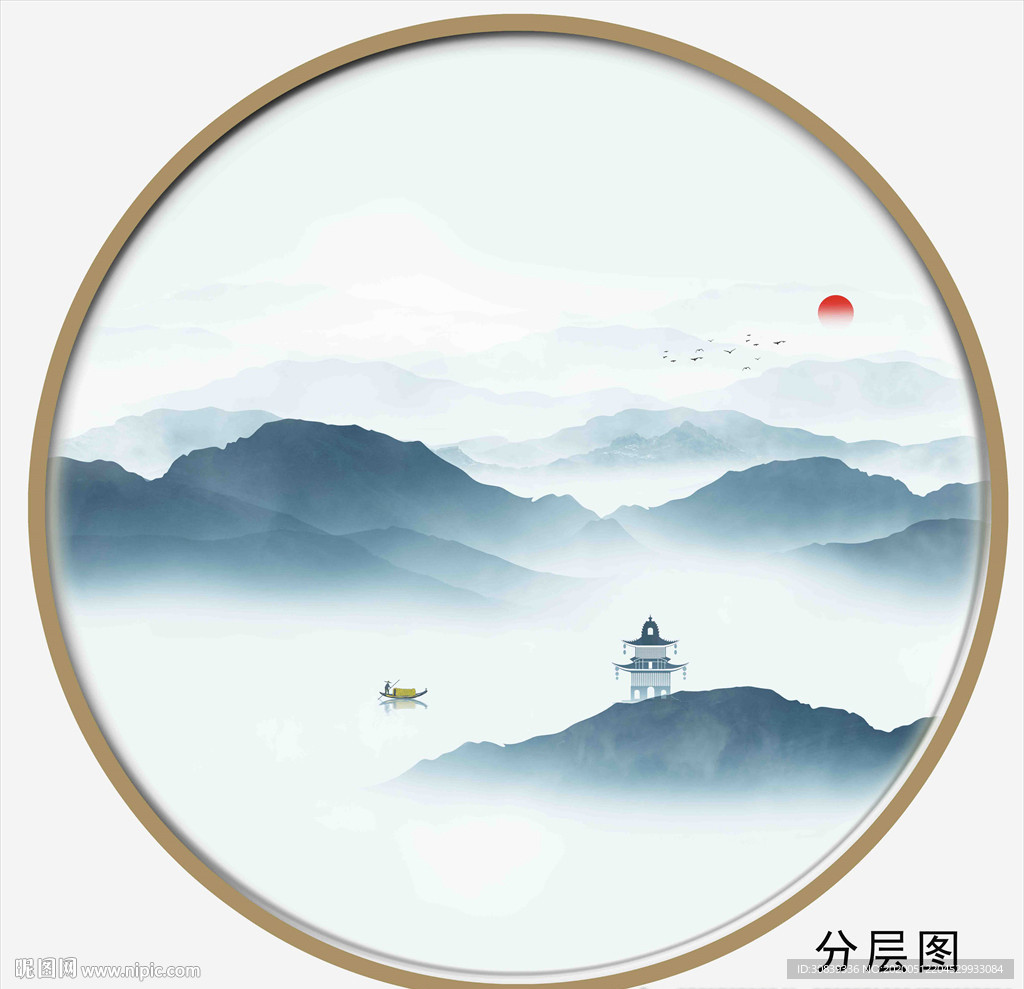 圆形水墨山水画