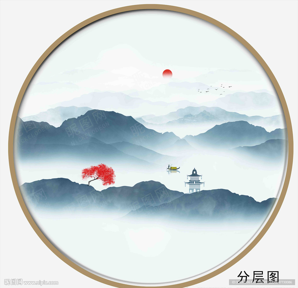 圆形水墨山水