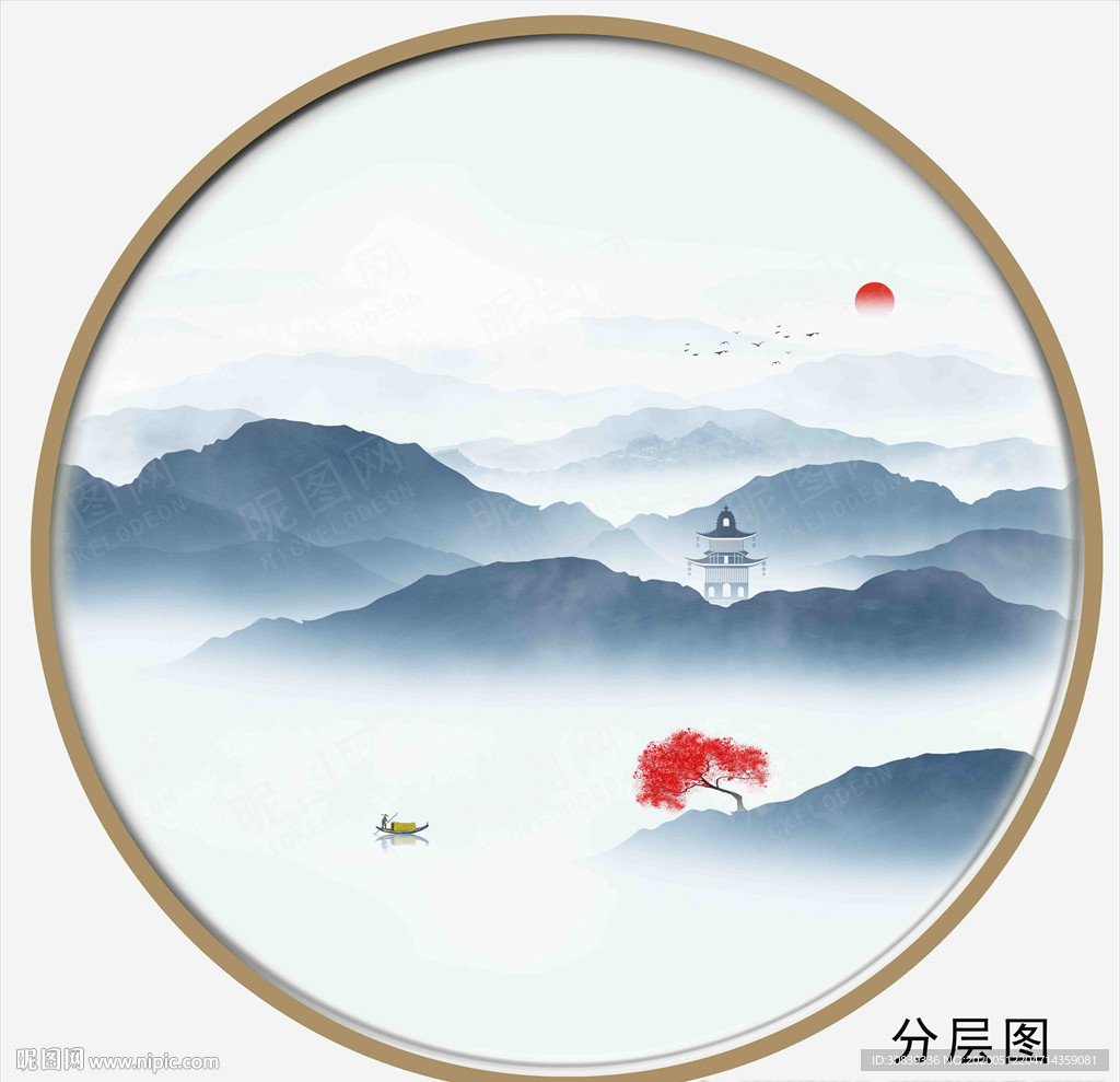 圆形水墨山水画
