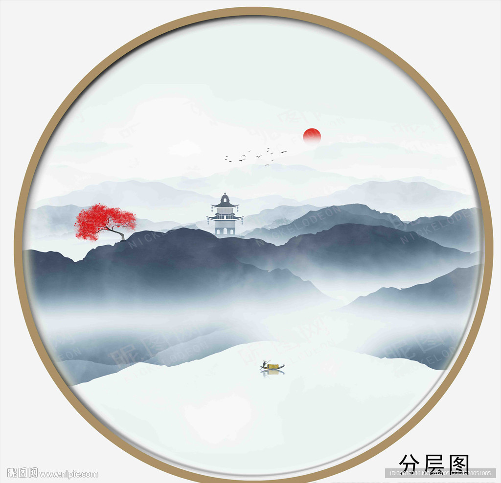 新中式客厅山水 酒店水墨画