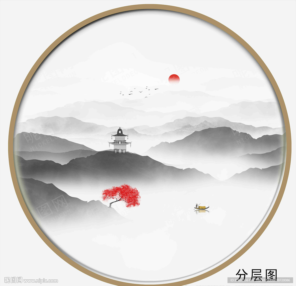圆形水墨山水