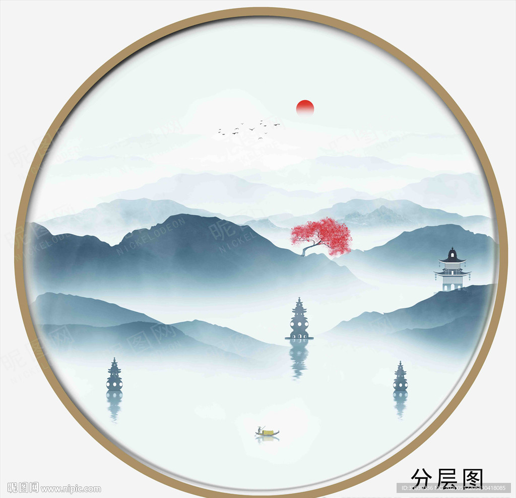 新中式圆形山水画