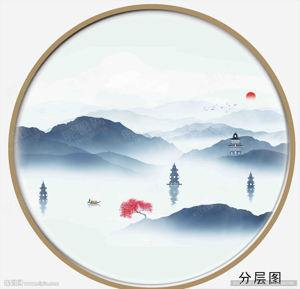 酒店客厅圆形山水挂画