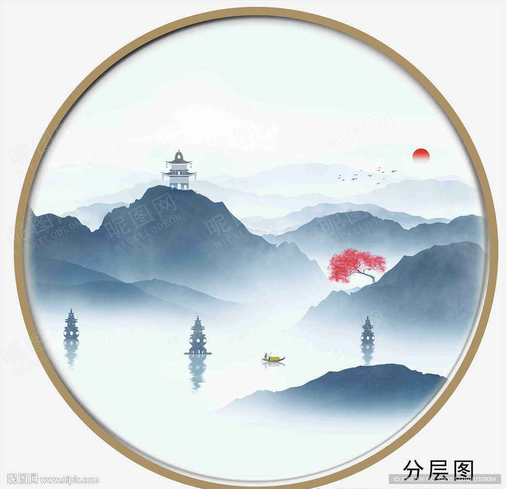 圆形水墨画 西湖山水