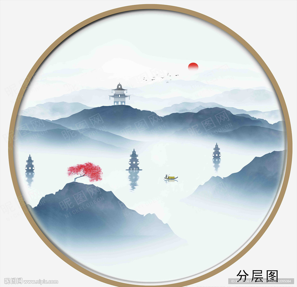 圆形水墨画 西湖水墨