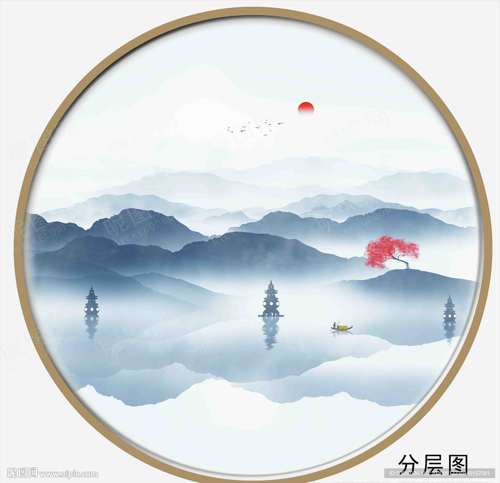 圆形山水画 西湖山水