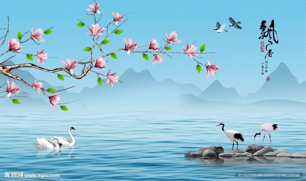 国画玉兰花电视背景墙