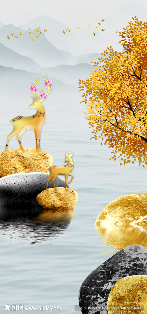 鹅卵石抽象树玄关背景墙