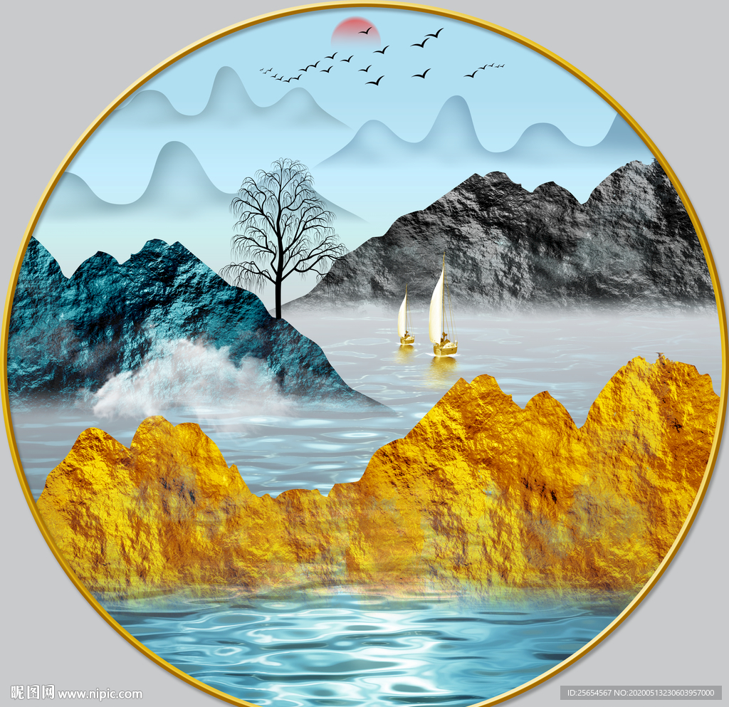 圆框新中式珐琅彩山水轻奢装饰画