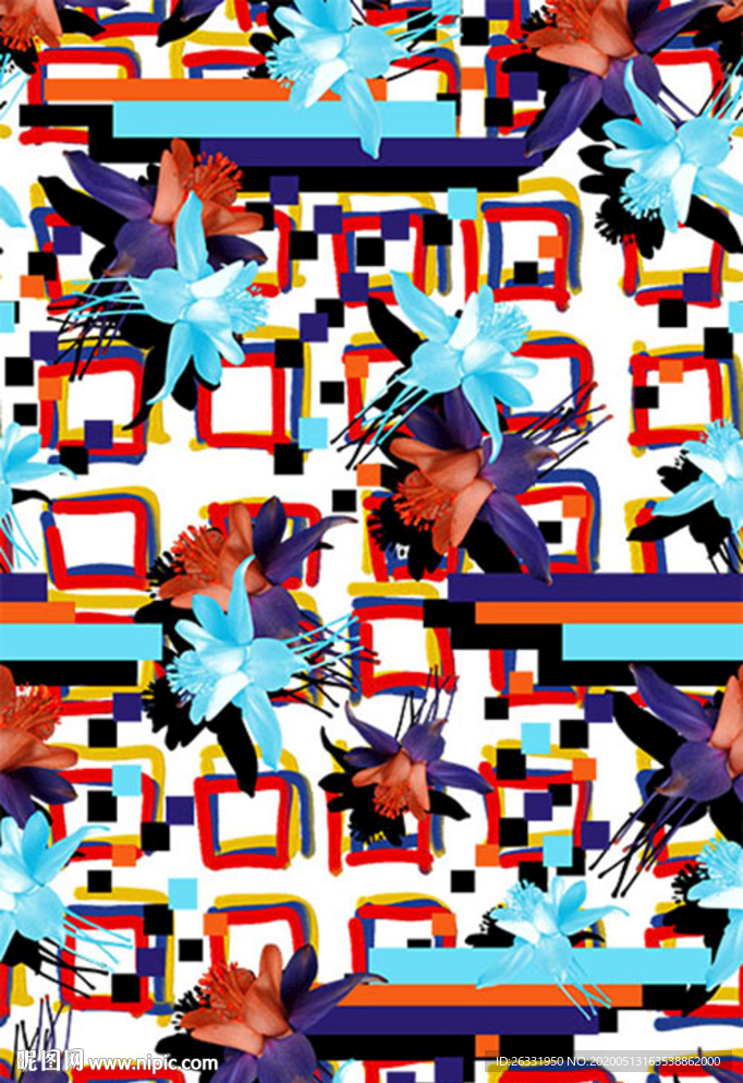 数码印花白色底混色正方形混色花