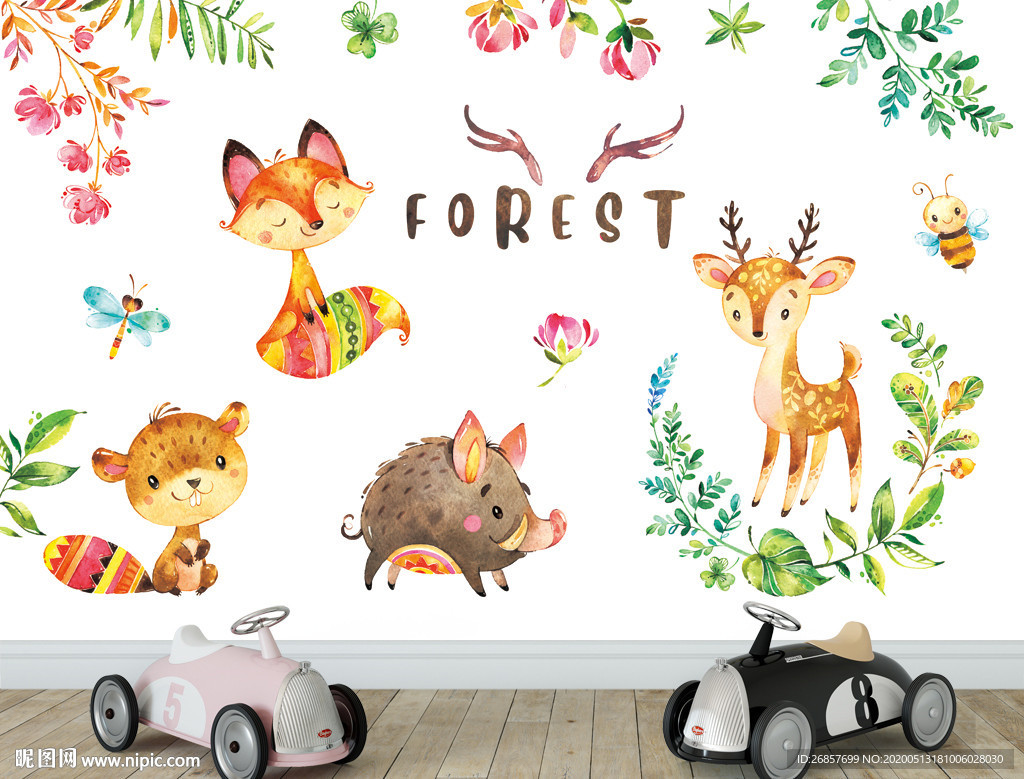 森林动物水彩画 儿童背景墙