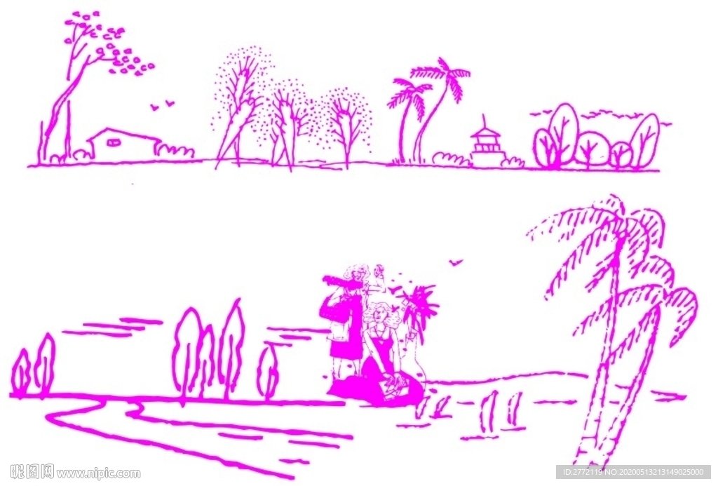 河边小树房屋   手绘画