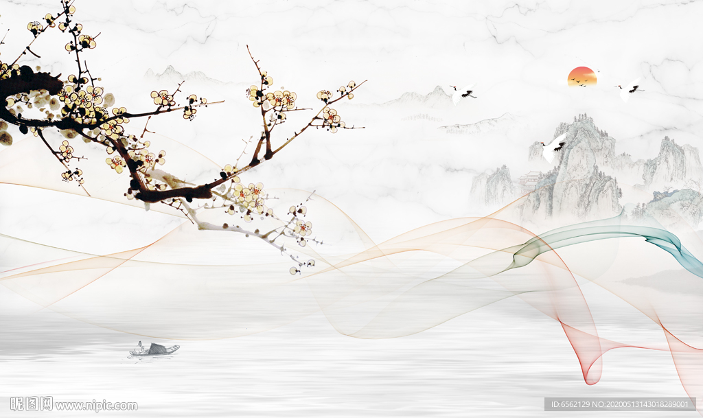 大理石梅花图电视背景墙