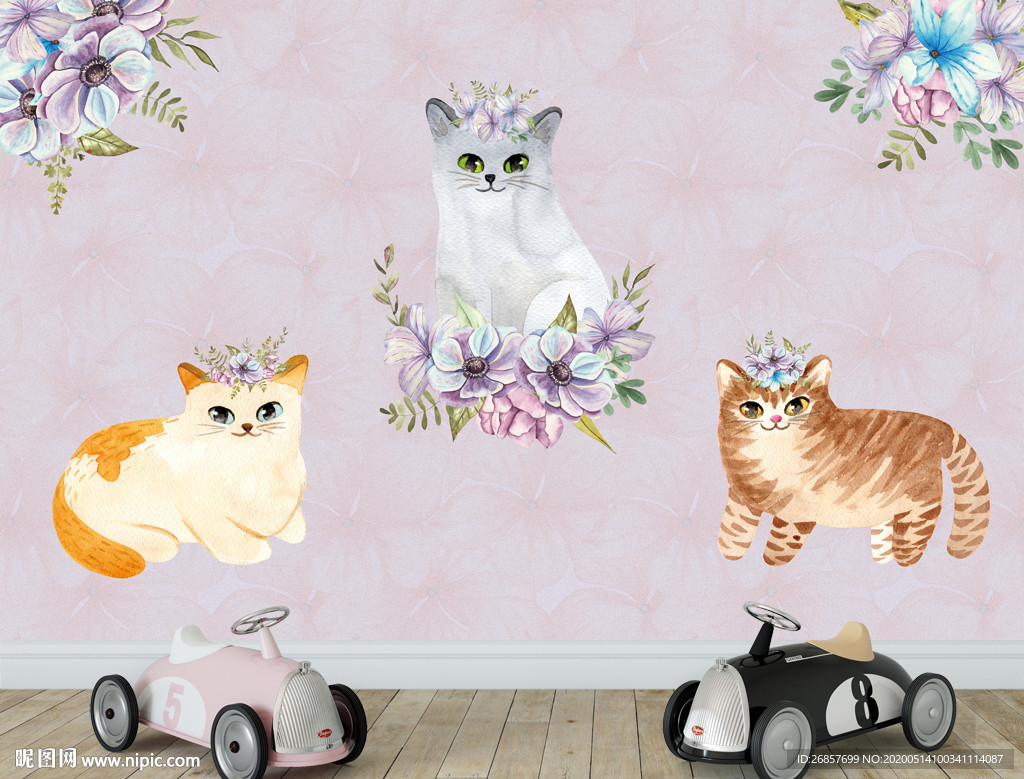 可爱猫咪水彩画 儿童背景墙