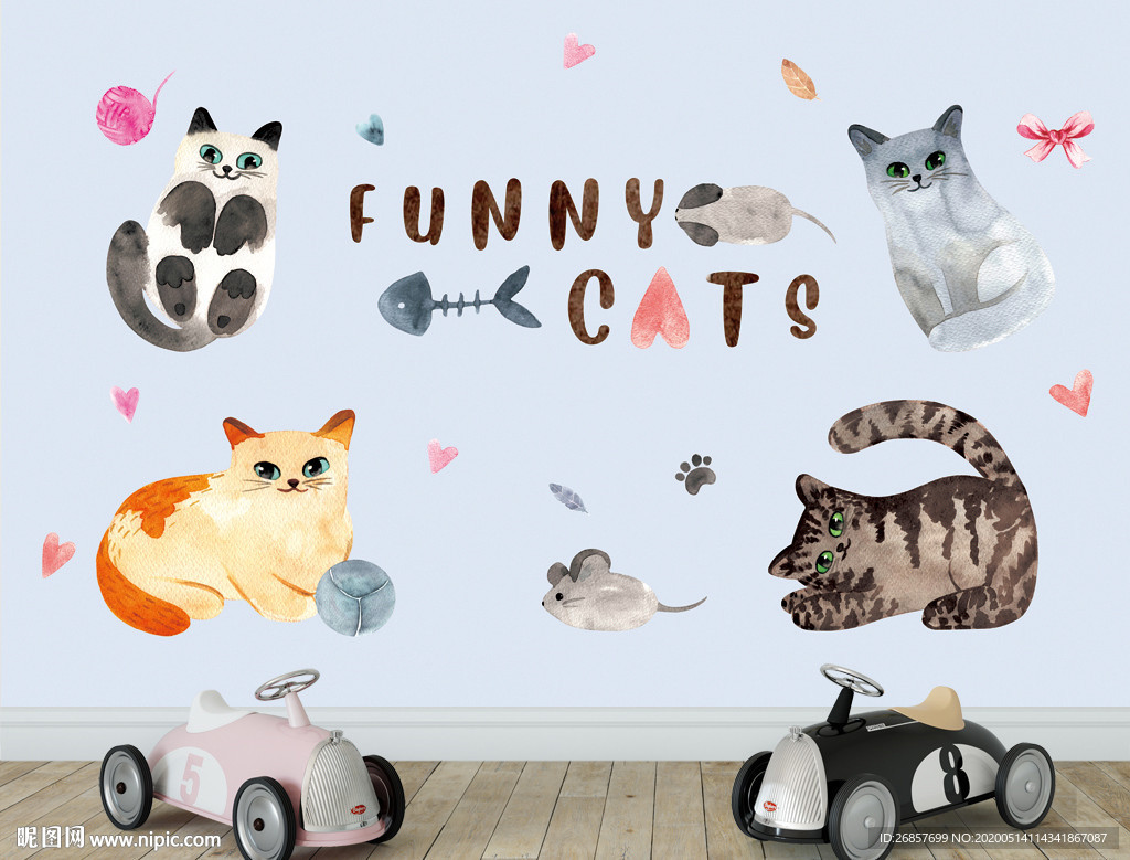 可爱猫咪玩耍水彩画 儿童背景墙