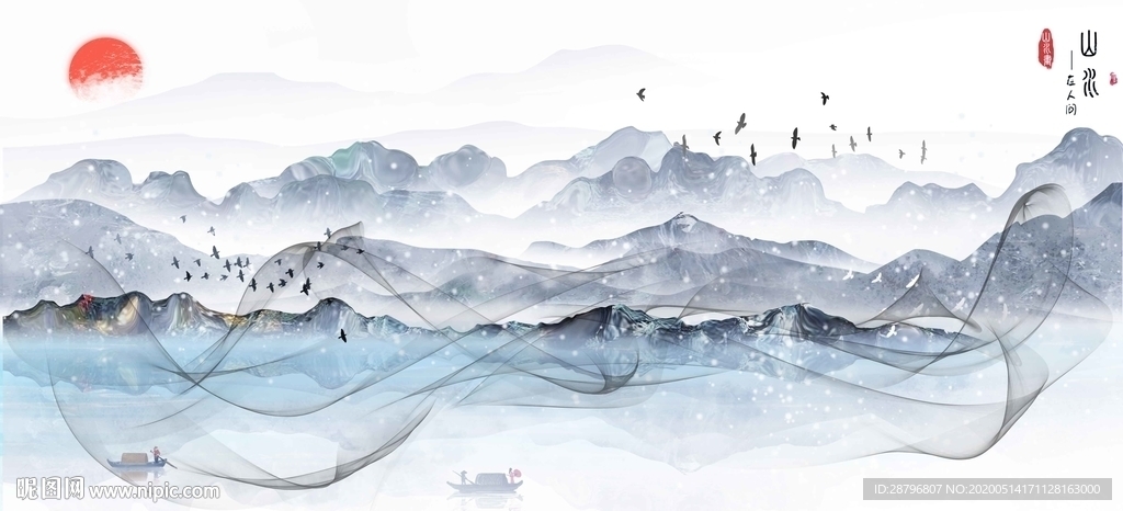 新中式冬季水墨山水画