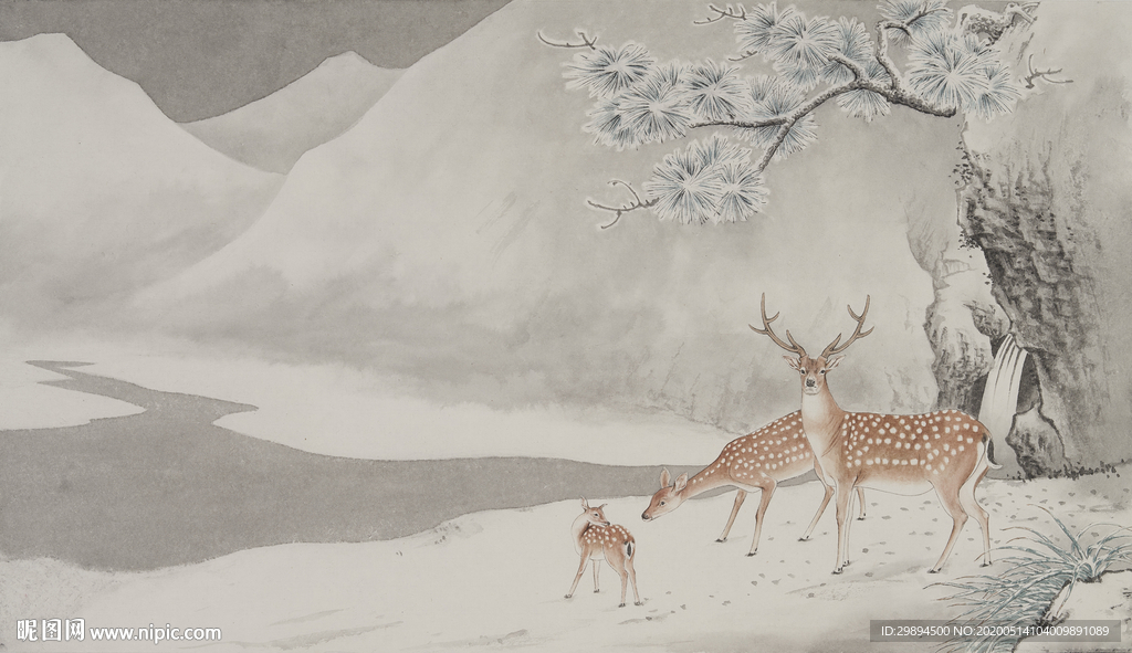 古典鹿松中式山水水墨装饰画
