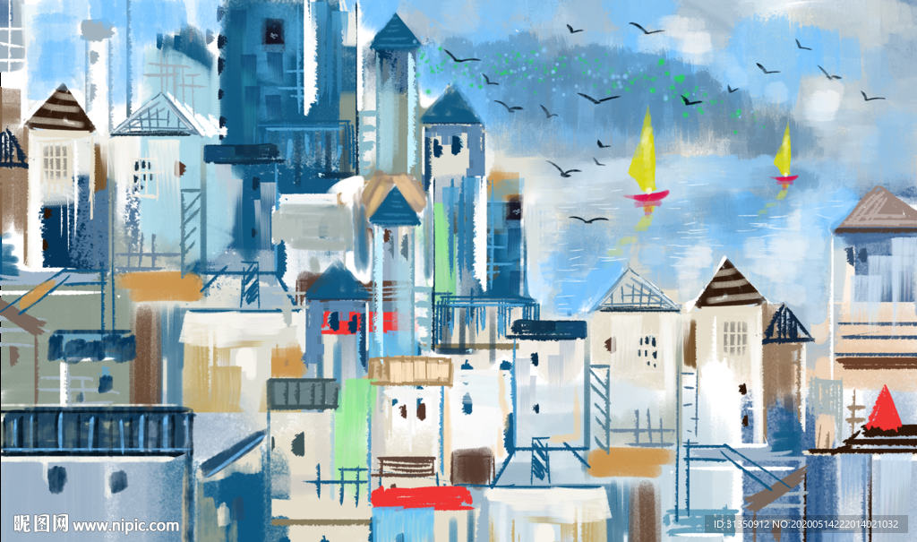 现代抽象城市油画背景墙