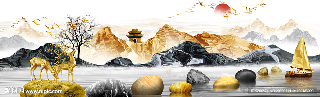 石来运转麋鹿抽象晶瓷画装饰画