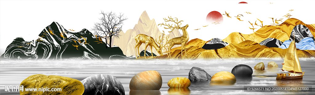 石来运转麋鹿抽象晶瓷画装饰画