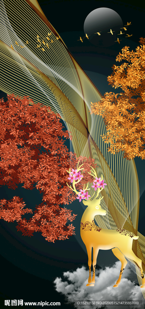 金色线条麋鹿玄关背景墙