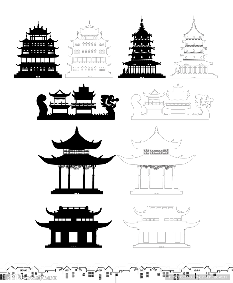 杭州城市地标建筑线稿剪影