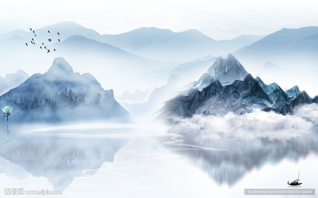 蓝色 轻奢风山水画 tif分层