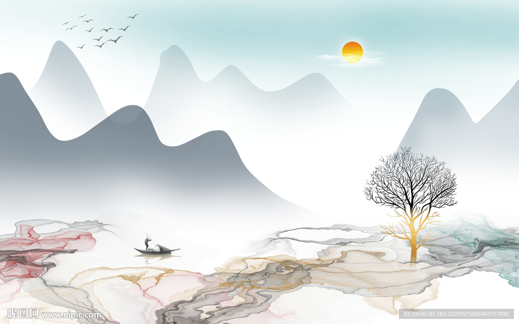 高档轻奢风山水画 tif分层