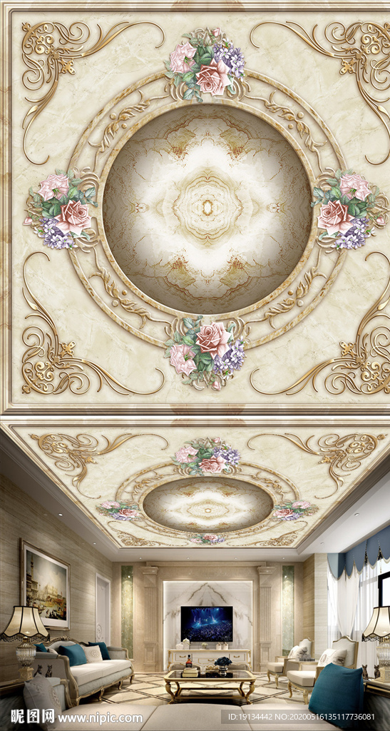 欧式花纹浮雕天顶壁画