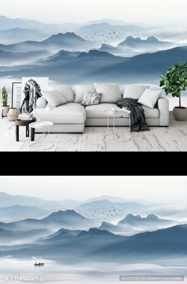 山水新中式电视背景沙发背景