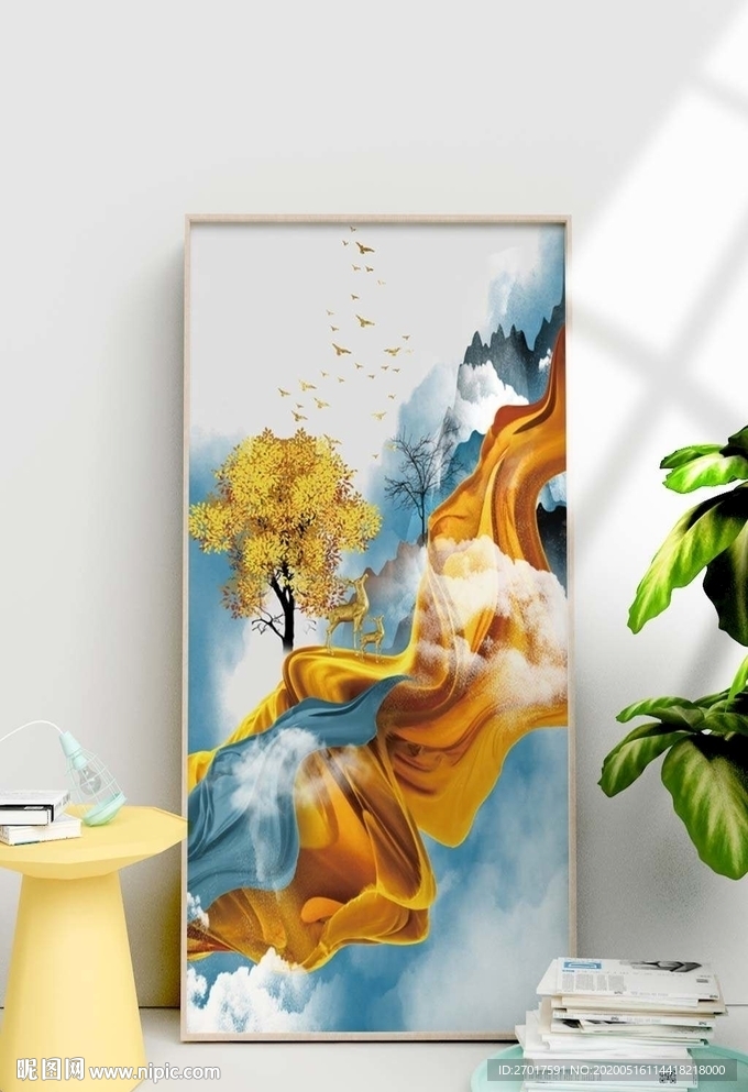 手绘孔雀月亮意境装饰画