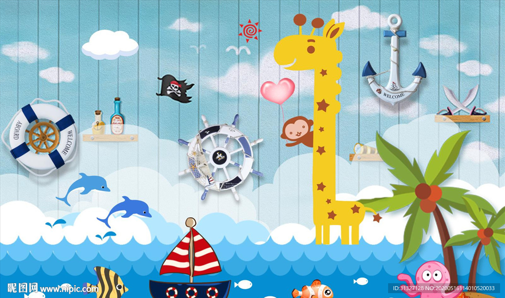 卡通儿童船海景背景图片