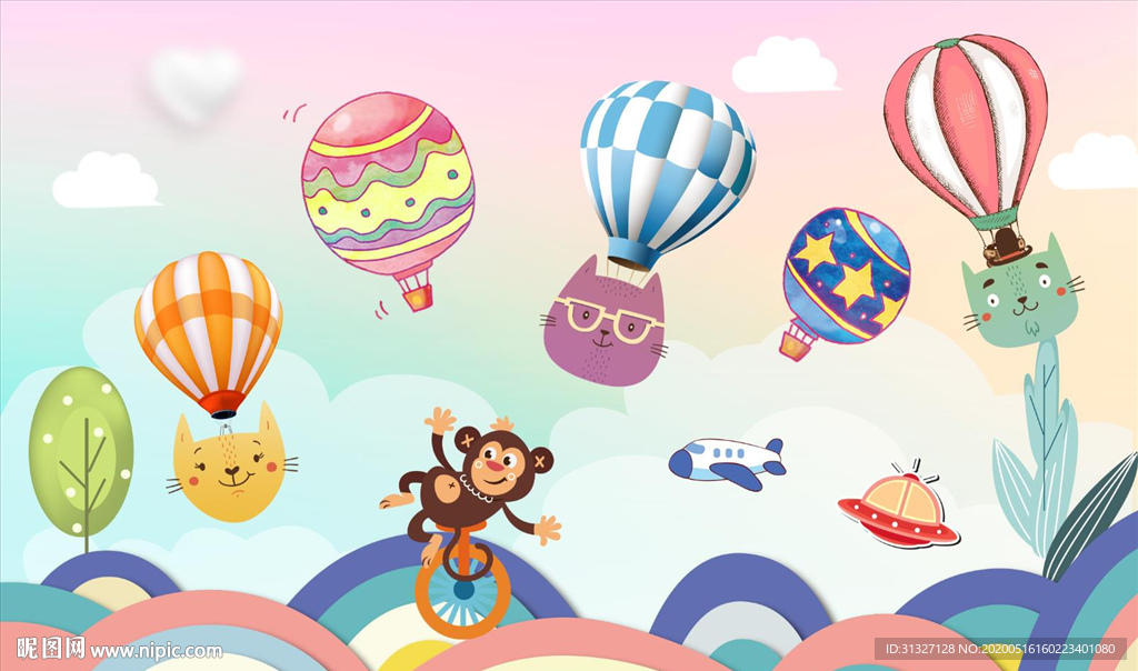 卡通儿童彩虹气球背景墙图片