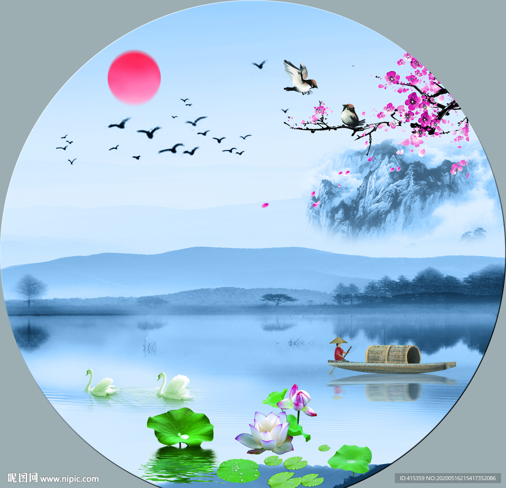 圆形山水画圆形水墨画圆形装饰画
