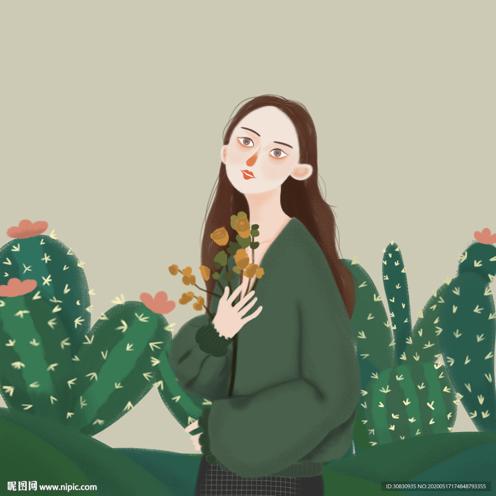 森系少女抱花插画