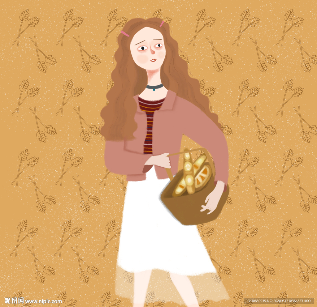 面包屋少女手绘插画