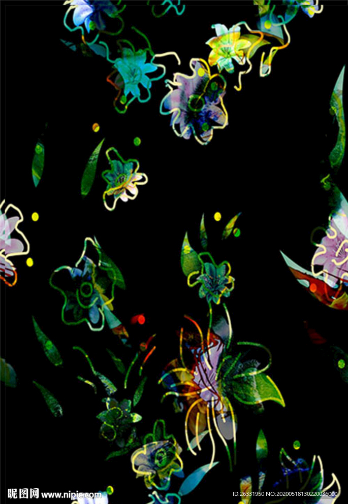 数码印花黑色底绿色叶子混色花瓣