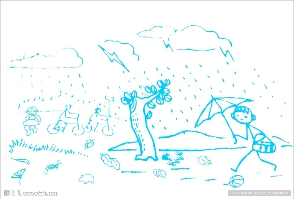 学生下雨打伞  白描画
