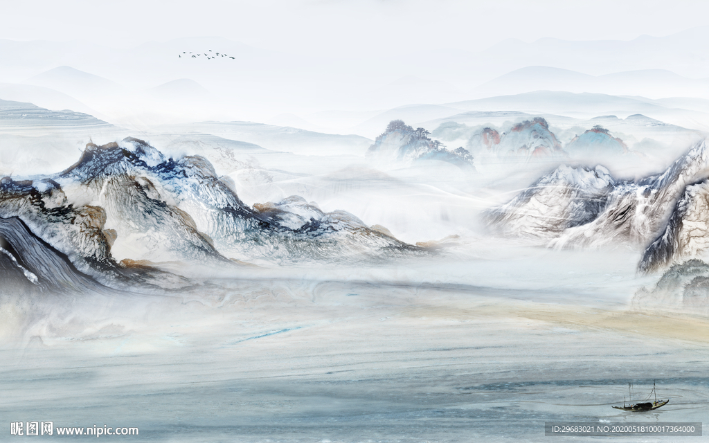 高清 轻奢风山水画 tif分层