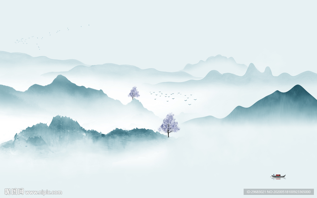 蓝色轻奢风山水画 tif分层