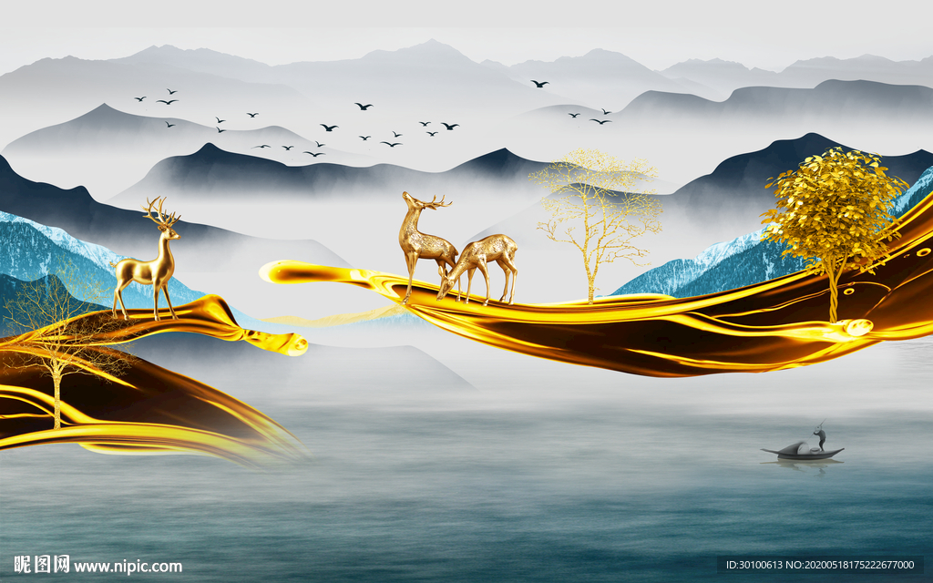 金鹿山水画背景画 TIF分层