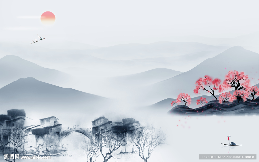 江南山水画背景画 TIF分层