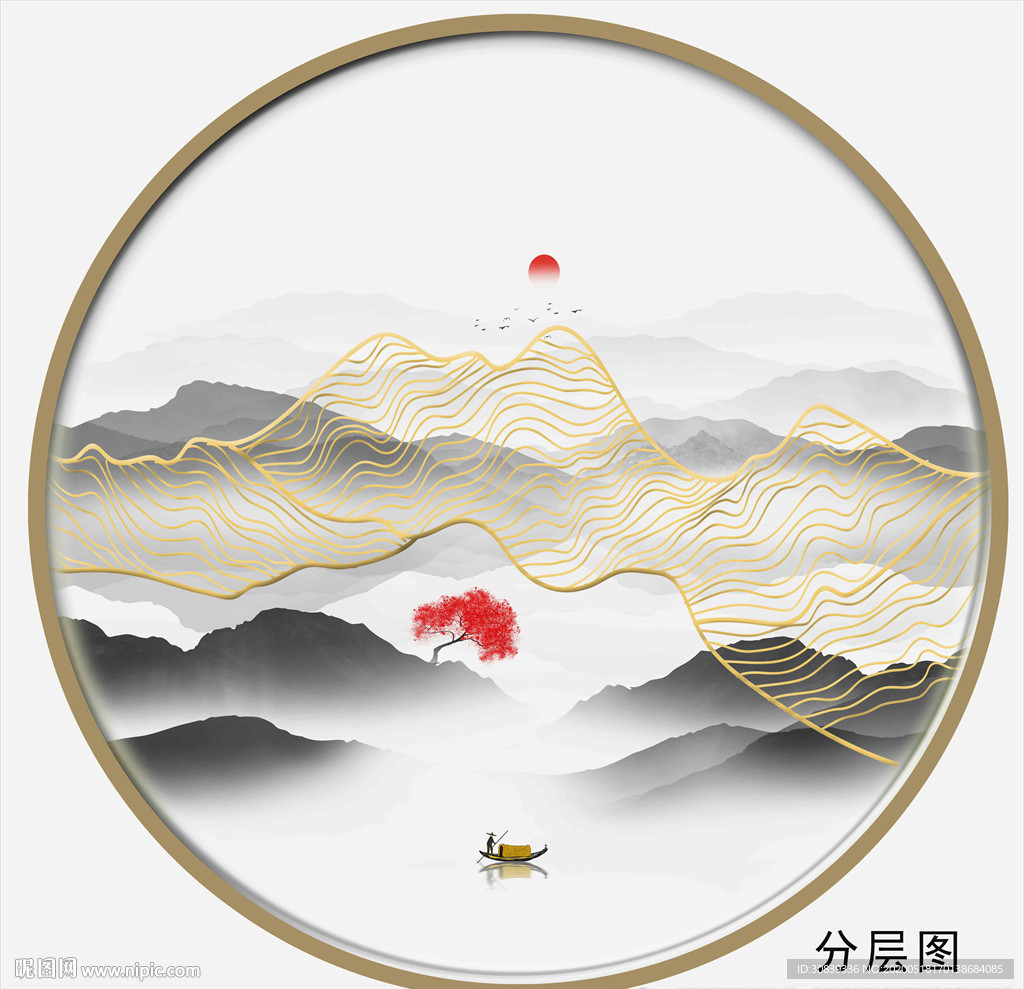 水墨金线线条山