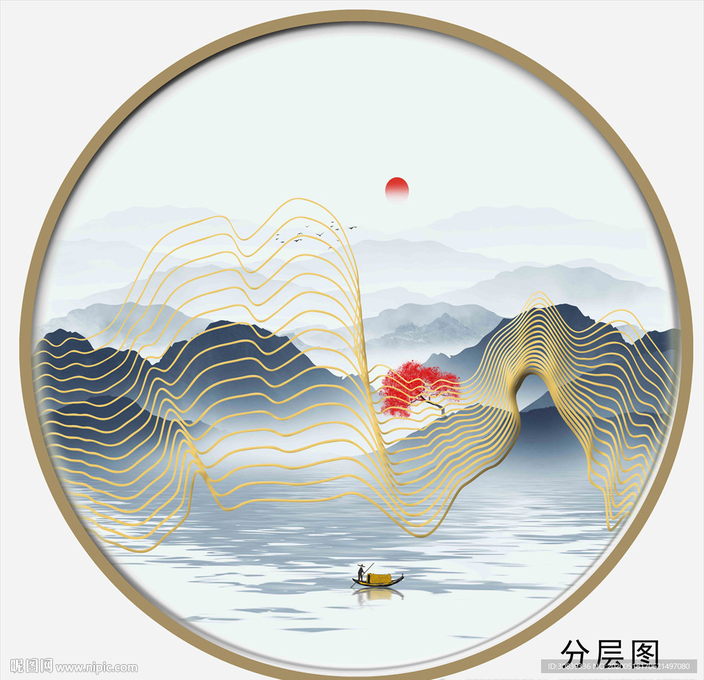 写意圆形金线山线条山