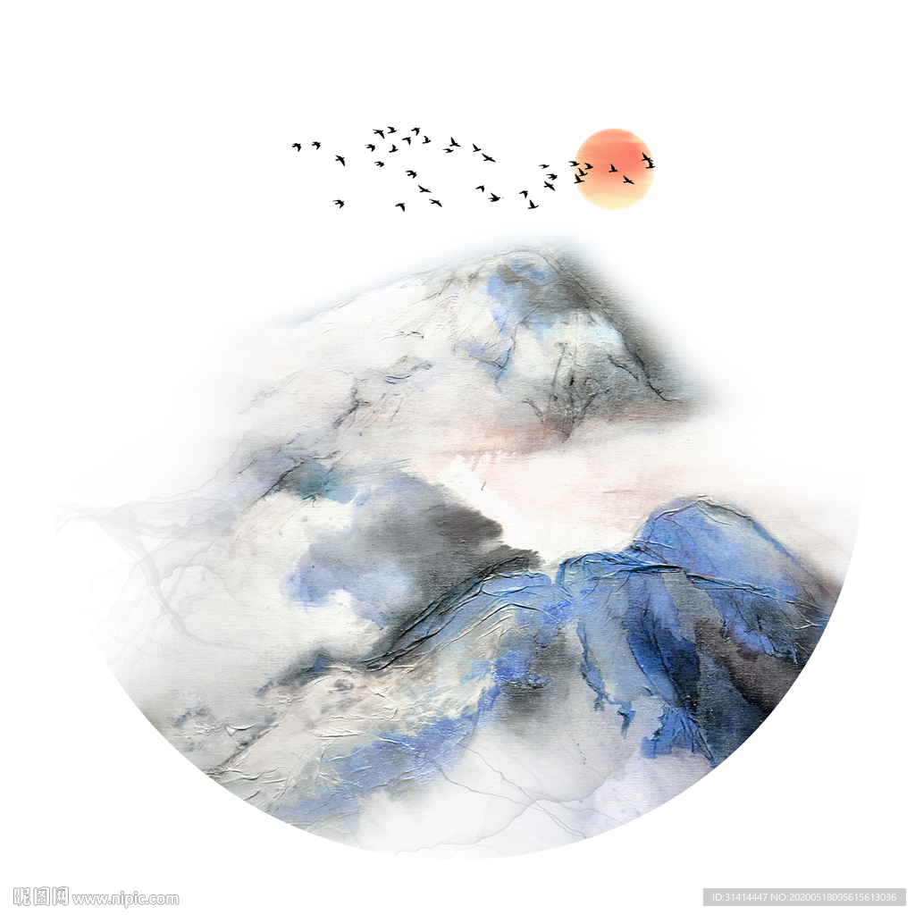 中式水墨抽象圆形山水装饰画