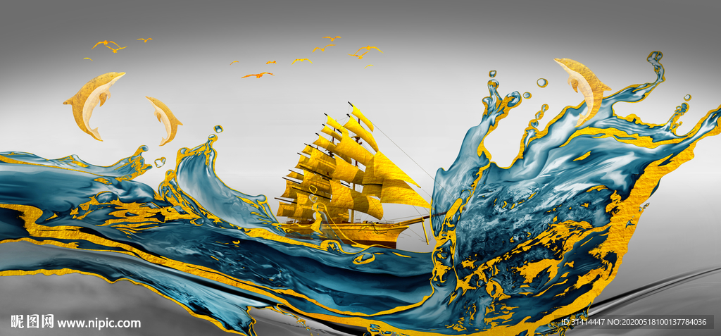 轻奢金色帆船玄关画