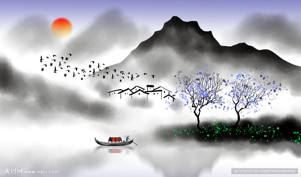 山水画水墨背景墙