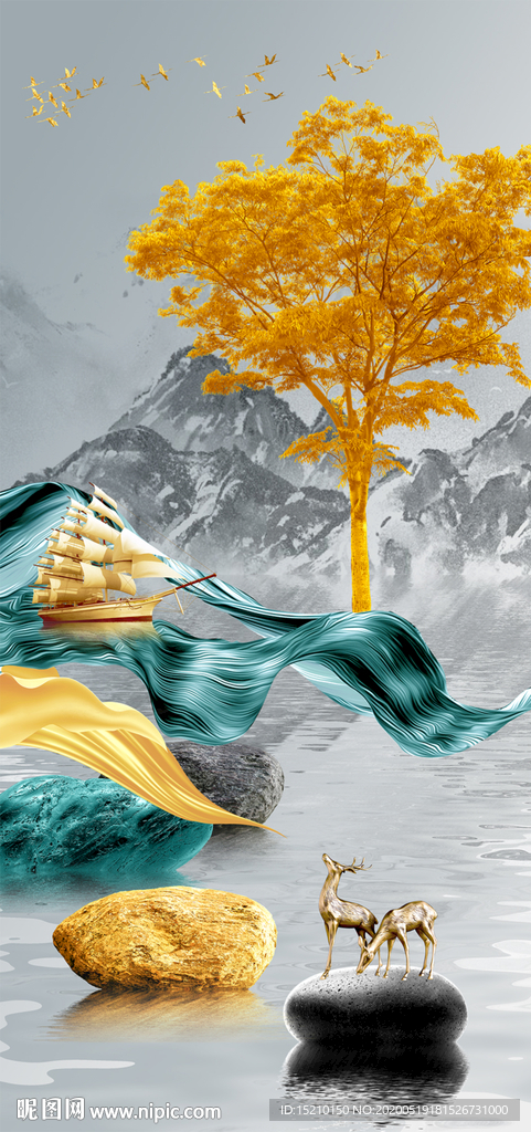 水墨山水发财树玄关背景墙