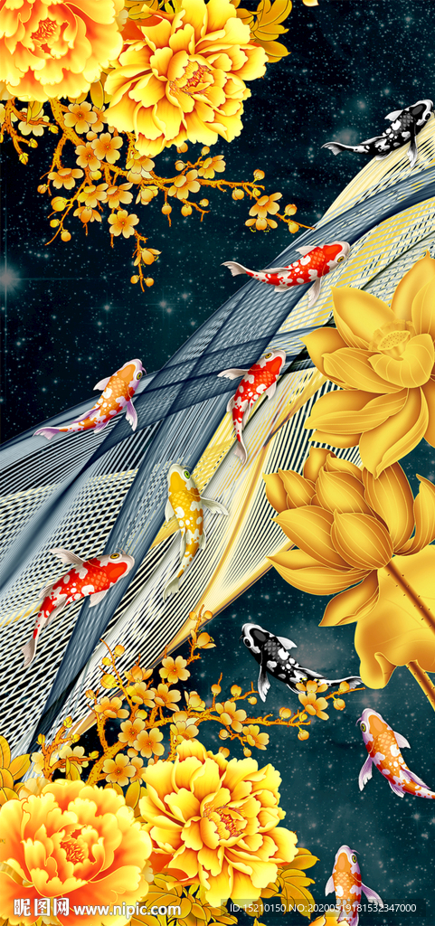 牡丹荷花图玄关背景墙