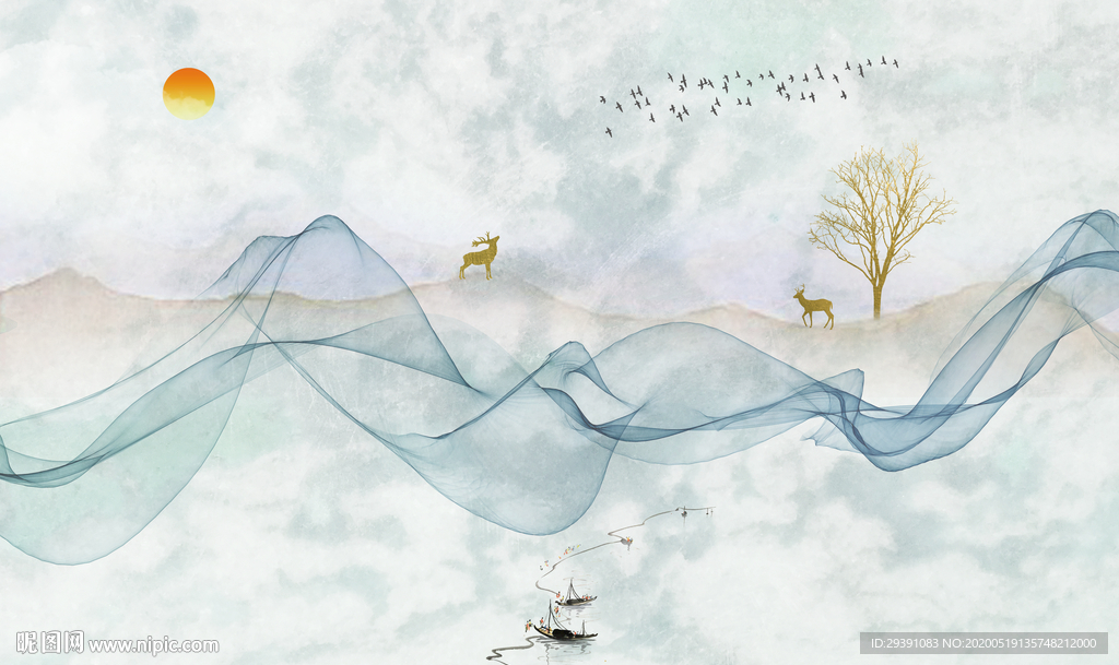 新中式抽象意境山水墙纸